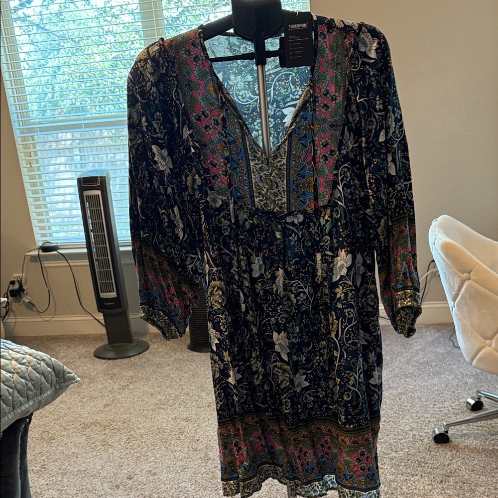 Elegant Long Sleeve Floral Dress - Multicolor